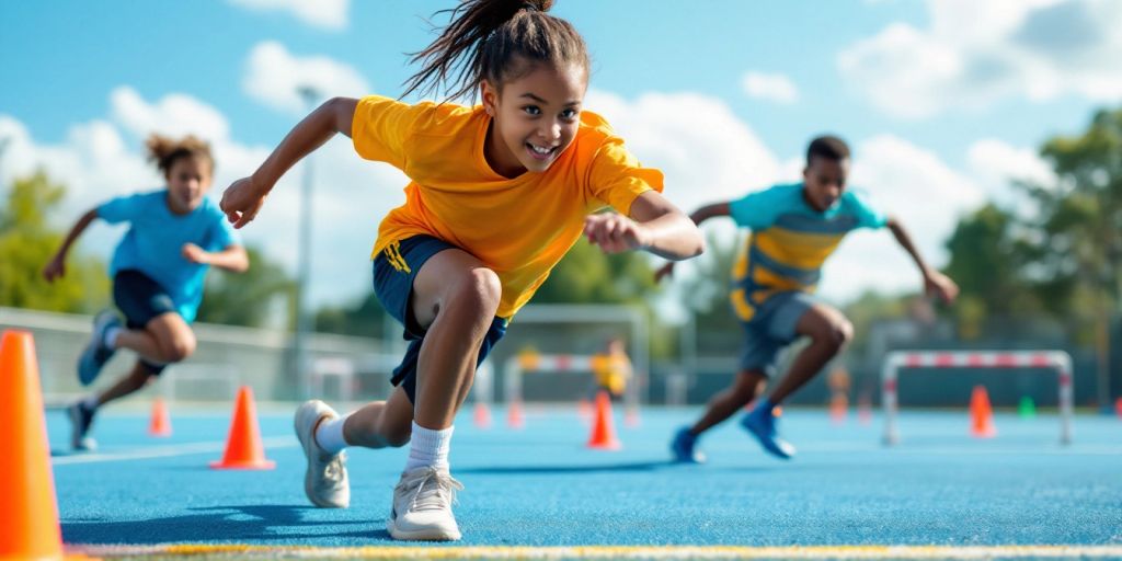 Youth athletes doing agility drills on a sports field.